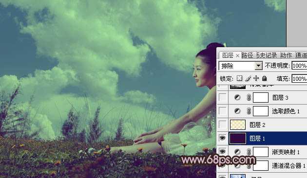 Photoshop将草原婚片调成柔美的暗调橙紫色