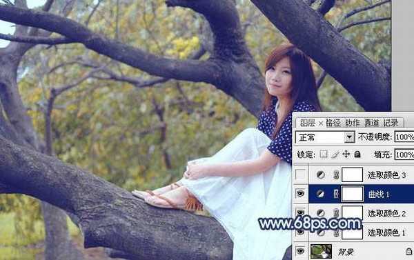 Photoshop为坐树枝上的美女调制出小清新的蓝黄色