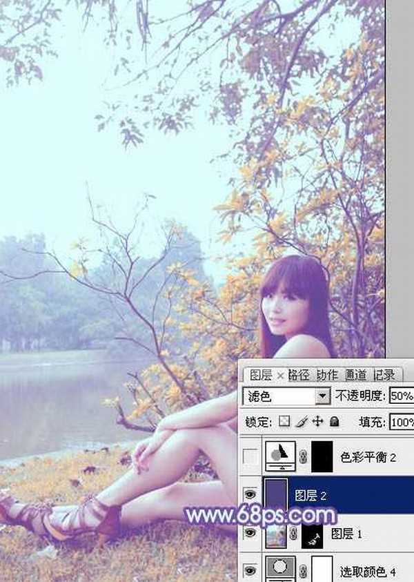 Photoshop为坐在河边的美女加上小清新的秋季橙黄色