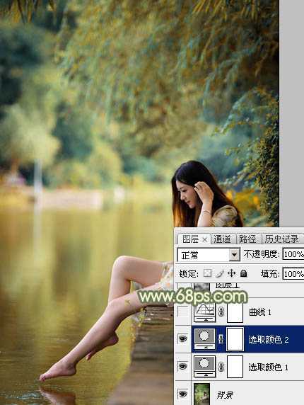 Photoshop调制出非常柔美的黄青色湖景美女图片