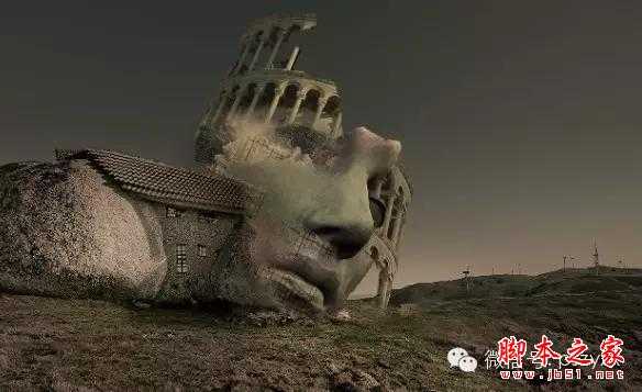 用PS图片素材合成一个石屋前的老人抽象画